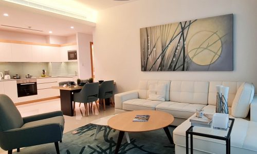 A fully furnished modern apartment with a living room and dining room available for rent in Seef.