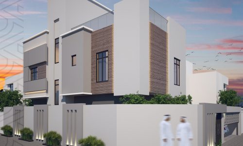 An elegant 3D rendering of a modern house in Dubai's Karranah neighborhood.