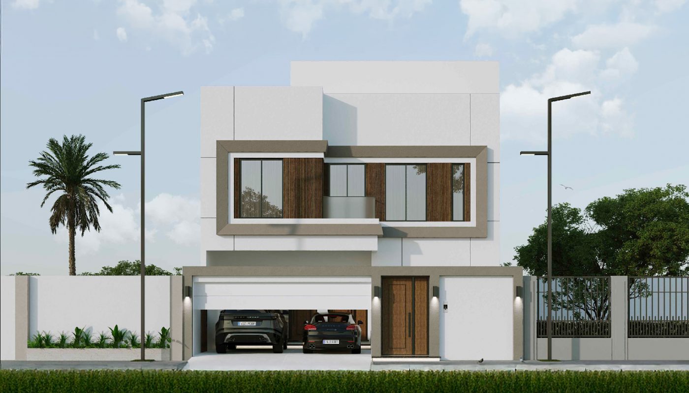 Modern two-story house with flat roof, large windows, and two cars parked in the driveway, set behind a lawn and facing a street.