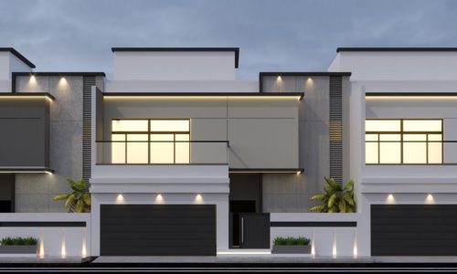 Modern 3D rendering of a spacious townhouse at night.