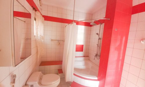 A 3-bedroom apartment with a red and white tiled bathroom floor available for rent.