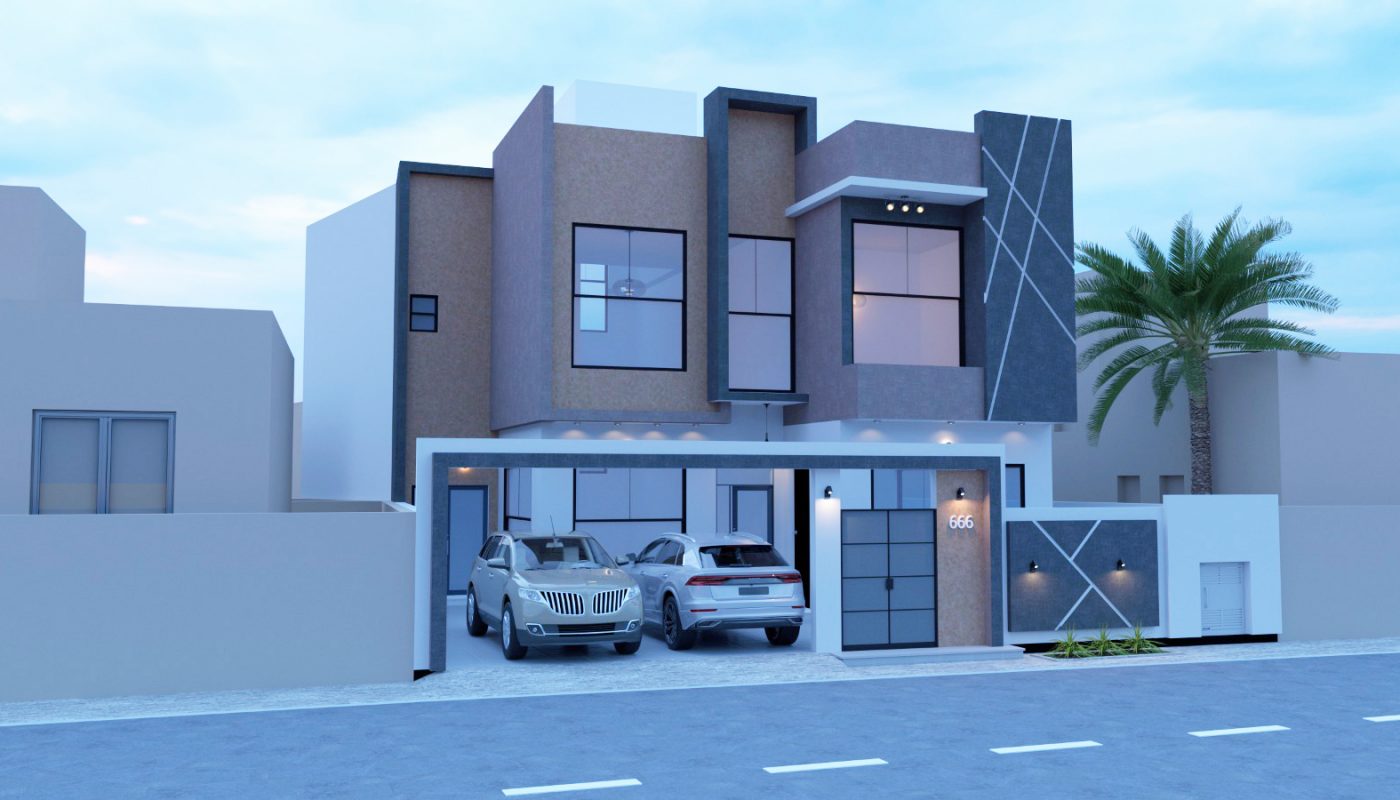 Modern two-story house with large windows, geometric design, two cars parked in the driveway, and a palm tree on the right side.