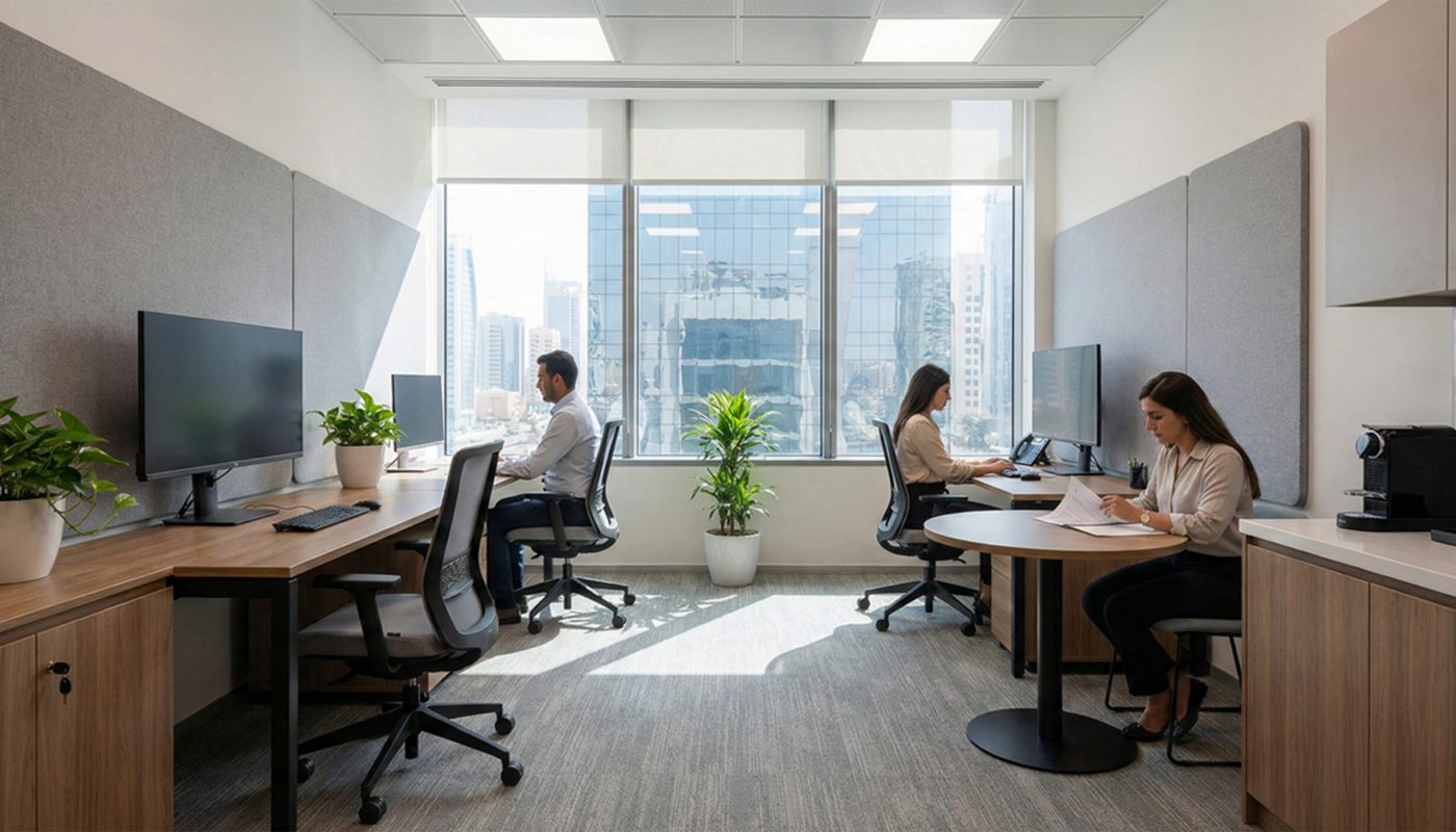 Three people work at desks in a modern office with large windows, neutral décor, and potted plants—reflecting the growing demand for small office spaces in Bahrain.
