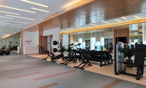 Fully Furnished Gym Room with Exercise Equipment and Mirrors in Luxury 1BR Apartment for Rent in Seef.