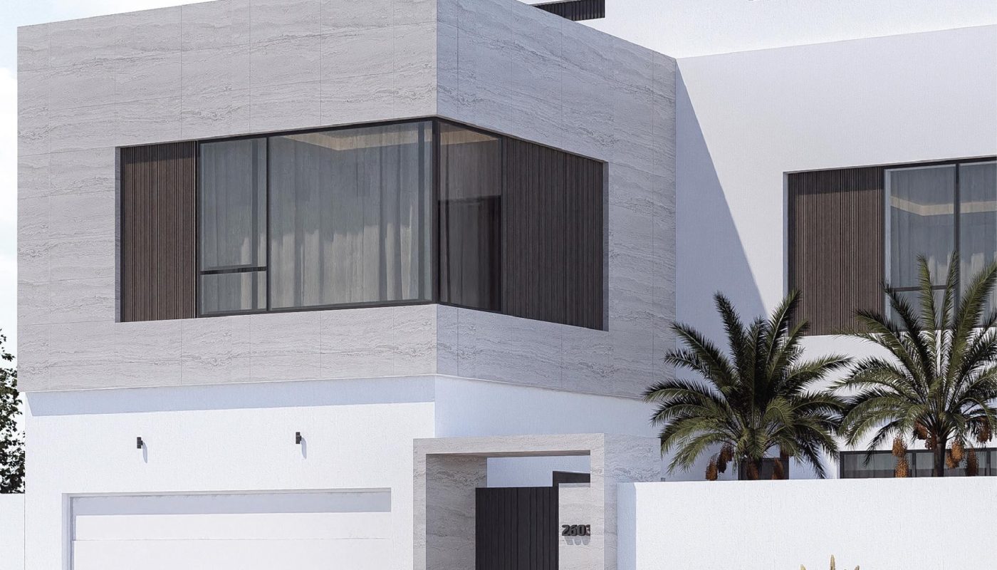 Modern two-story house with cubic design, large windows, white exterior, attached garage, and palm trees in the front yard.