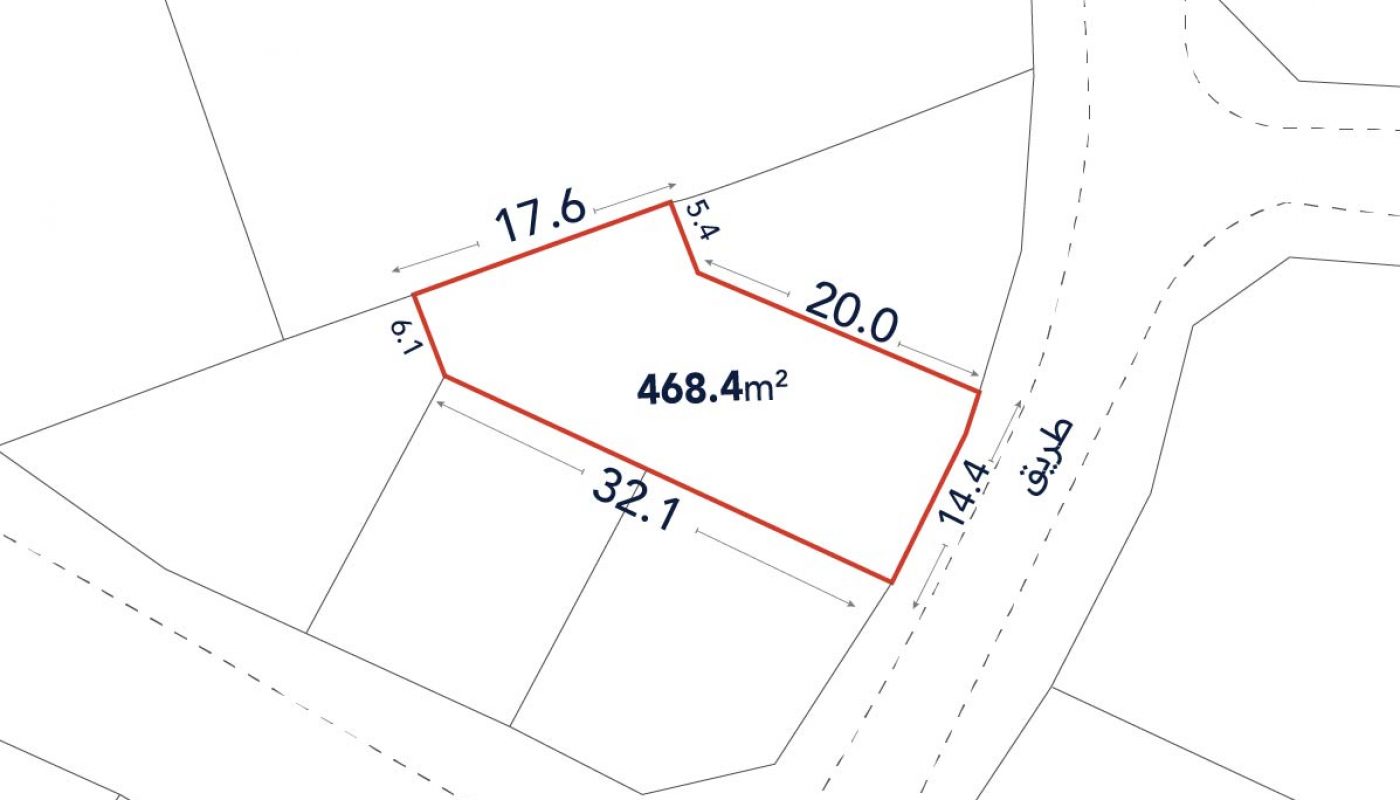 A plot map shows a 468.4 m² land parcel outlined in red with labeled side lengths and adjacent roads.