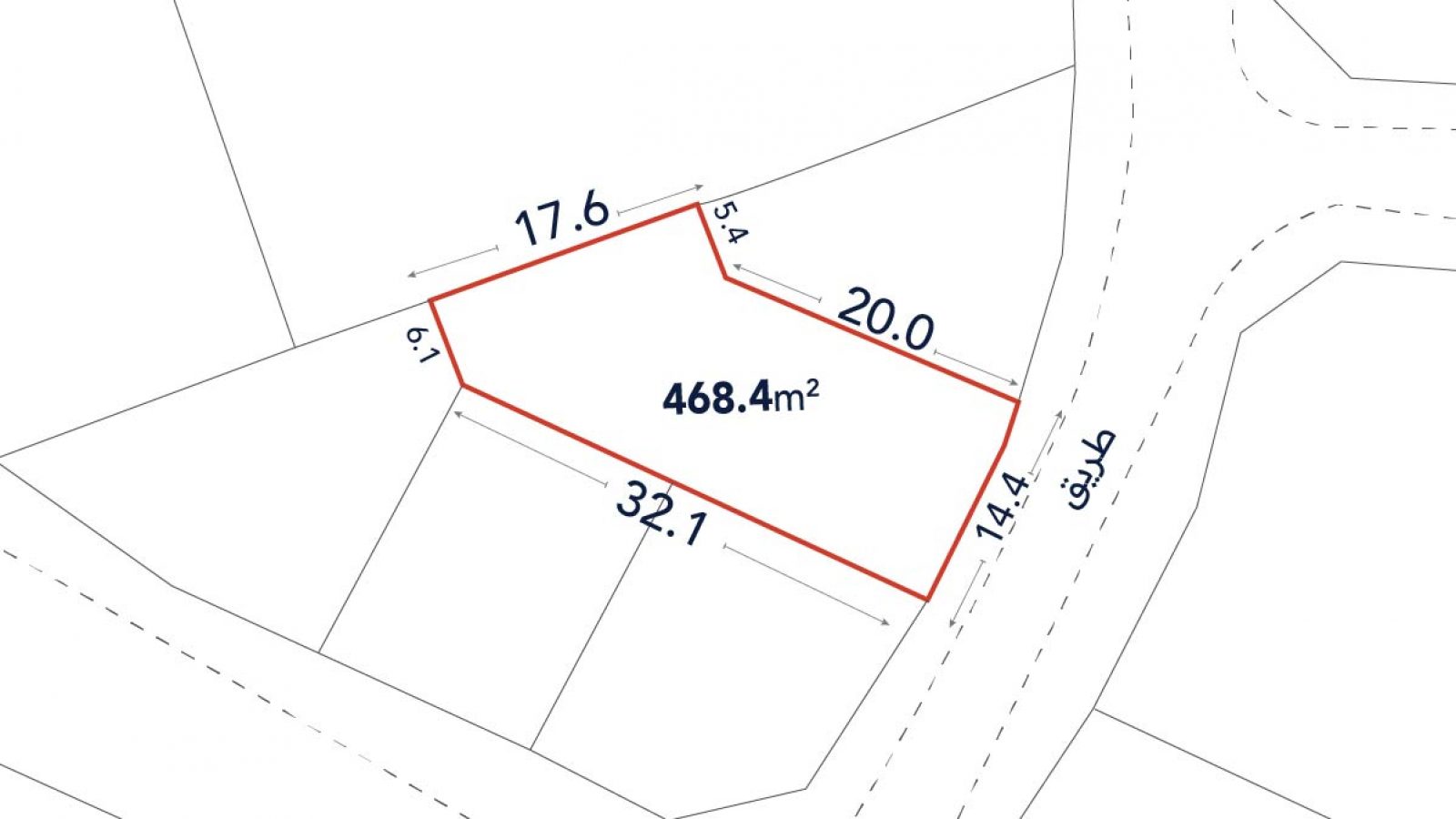 A plot map shows a 468.4 m² land parcel outlined in red with labeled side lengths and adjacent roads.