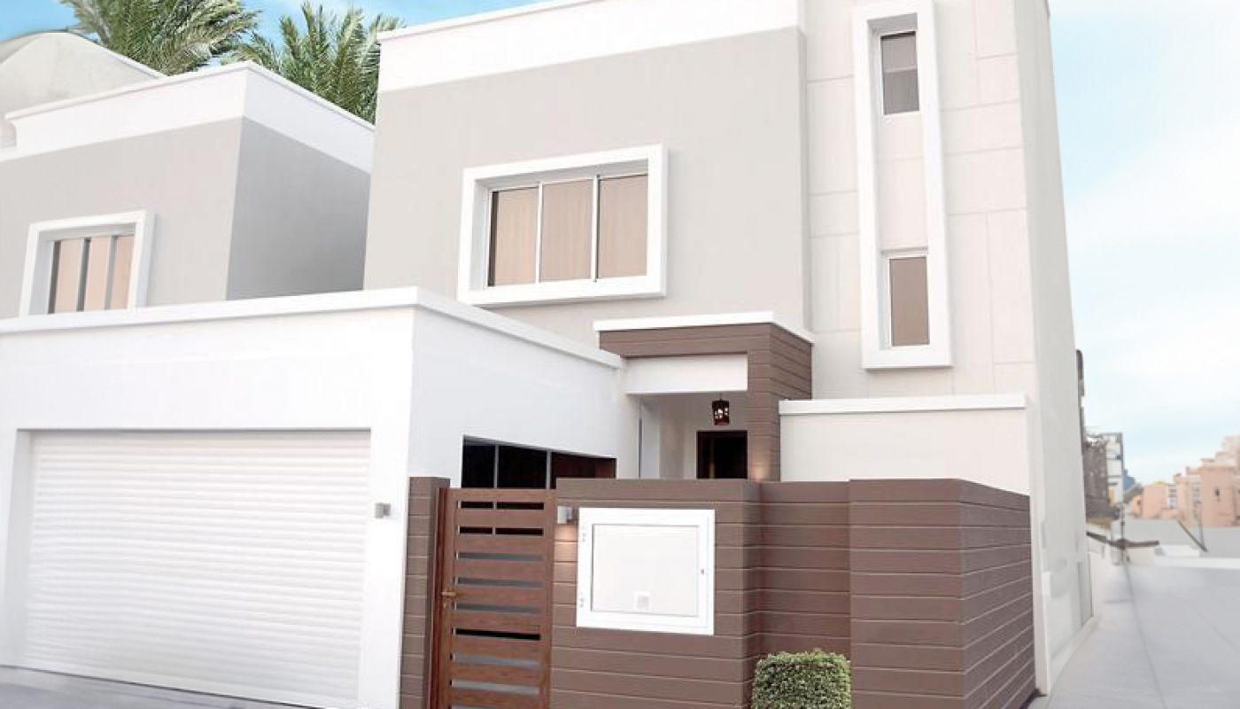Modern two-story house with white and gray exterior, large garage door, brown gate, and small shrubs, set along a paved street under a clear sky.