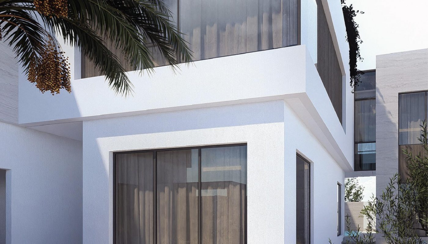 Modern white two-story house with large floor-to-ceiling windows, sheer curtains, and a palm tree in the foreground.