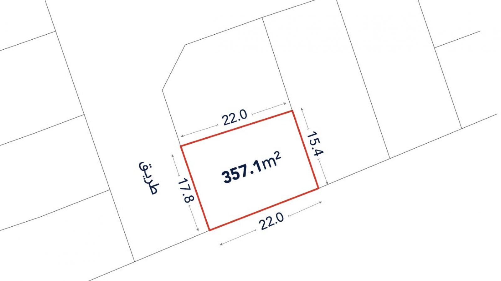 A rectangular land plot outlined in red labeled “357.1 m²,” with side lengths 22.0 m, 17.8 m, 22.0 m, and 15.4 m shown; adjacent road labeled “طريق”.