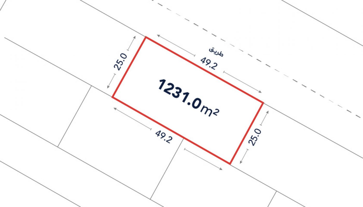Diagram showing a rectangular plot outlined in red, labeled 1231.0 m², with dimensions 49.2 m by 25.0 m marked on each side.