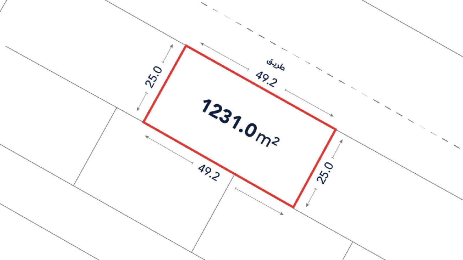 Diagram showing a rectangular plot outlined in red, labeled 1231.0 m², with dimensions 49.2 m by 25.0 m marked on each side.