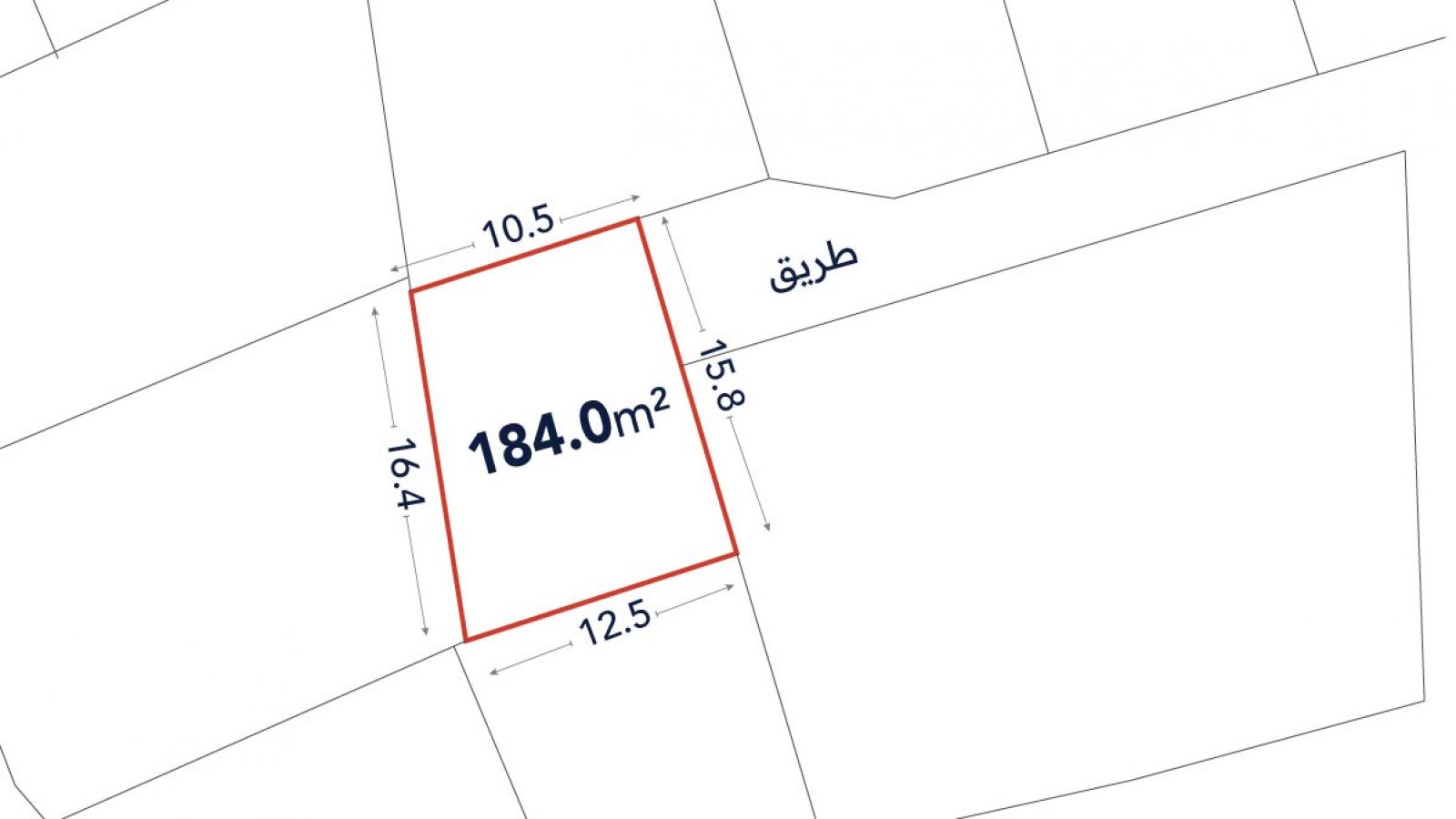 A plot map showing a 184.0 square meter lot outlined in red with labeled side lengths in meters and adjacent roads labeled in Arabic.