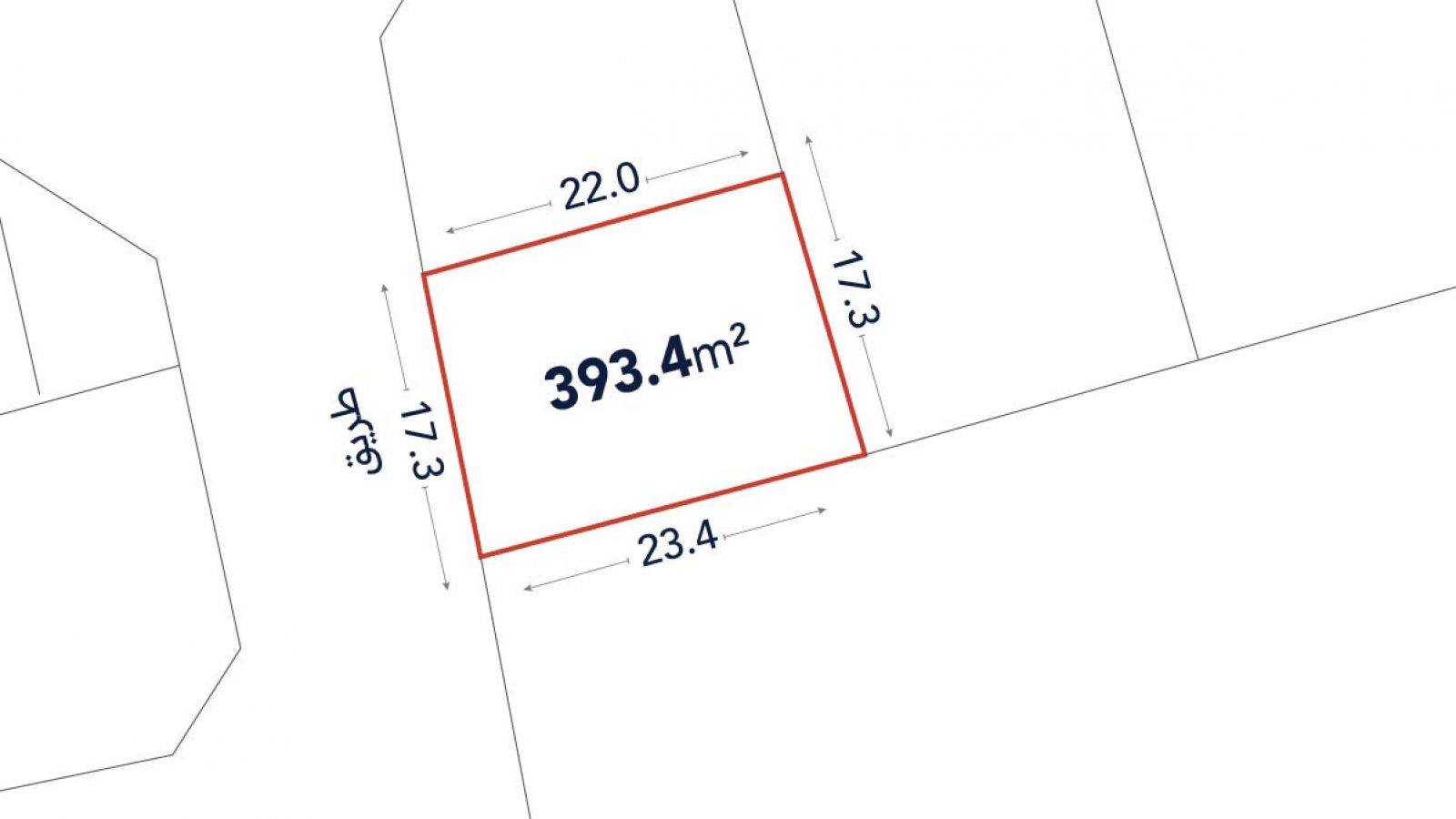A rectangular land plot outlined in red, labeled 393.4 m², with side lengths 22.0 m, 17.3 m, 23.4 m, and 17.3 m, and adjacent streets labeled in Arabic.