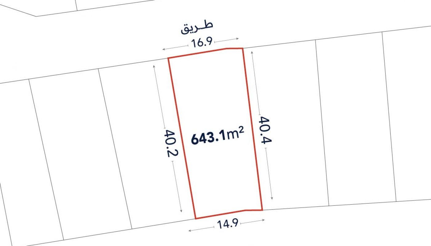 A plot map shows a rectangular lot outlined in red, labeled 643.1 m², with dimensions 16.9m, 40.2m, 14.9m, and 40.4m, bordered by a road and a canal.