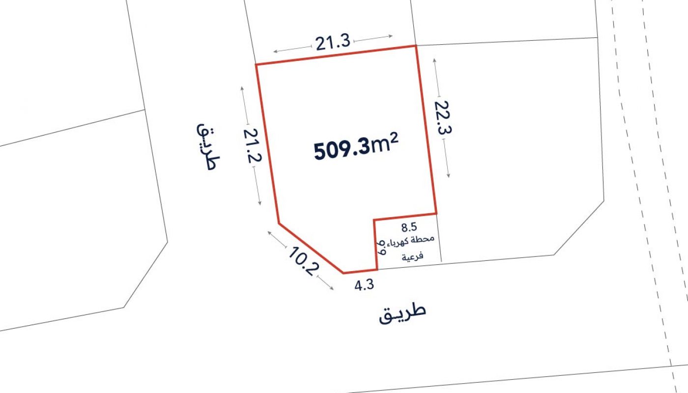 A plot map showing a 509.3m² land area with labeled boundary lengths in meters, adjacent to two streets, and a small 8.5m² shaded area.