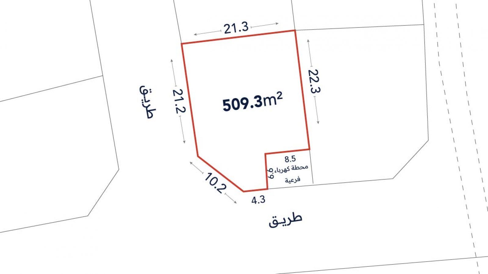 A plot map showing a 509.3m² land area with labeled boundary lengths in meters, adjacent to two streets, and a small 8.5m² shaded area.