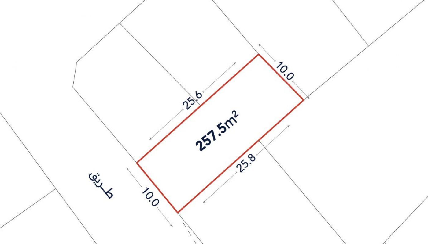 A rectangular plot outlined in red, labeled 257.5 m², with dimensions 23.8m by 10m, adjacent to a street labeled “طريق” in Arabic.