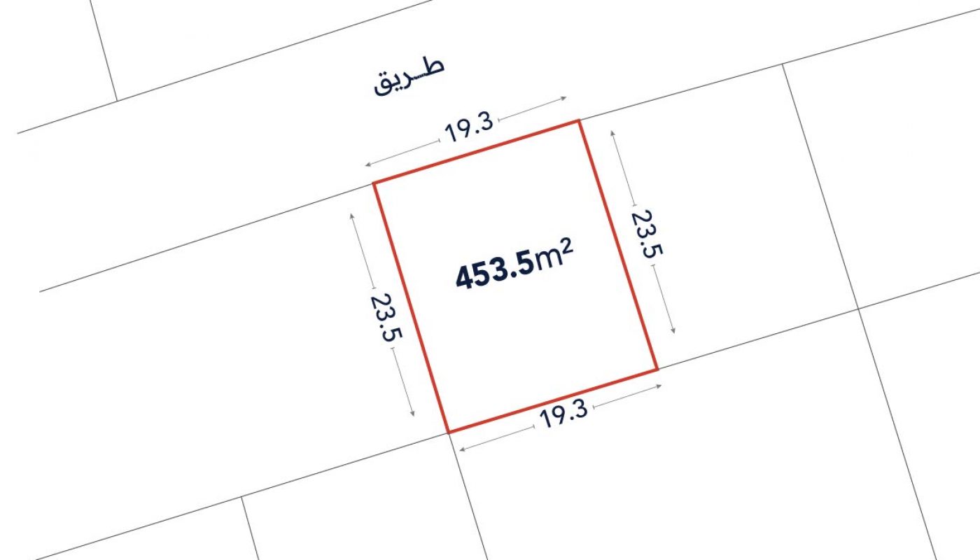 Plot diagram showing a rectangular land parcel with area 453.5 m², dimensions 19.3m by 23.5m, and adjacent to a labeled road.