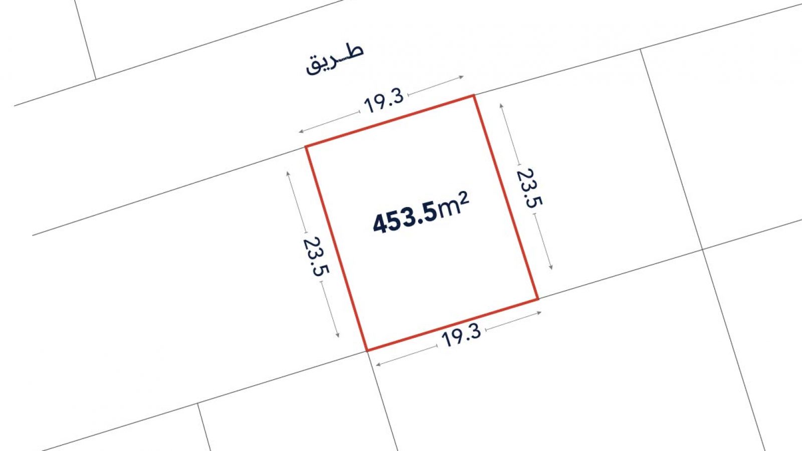 Plot diagram showing a rectangular land parcel with area 453.5 m², dimensions 19.3m by 23.5m, and adjacent to a labeled road.