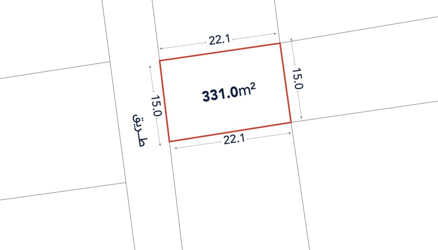 A rectangular plot outlined in red labeled 331.0 m², with side lengths 22.1 m and 15.0 m; adjacent to a street labeled "طريق".