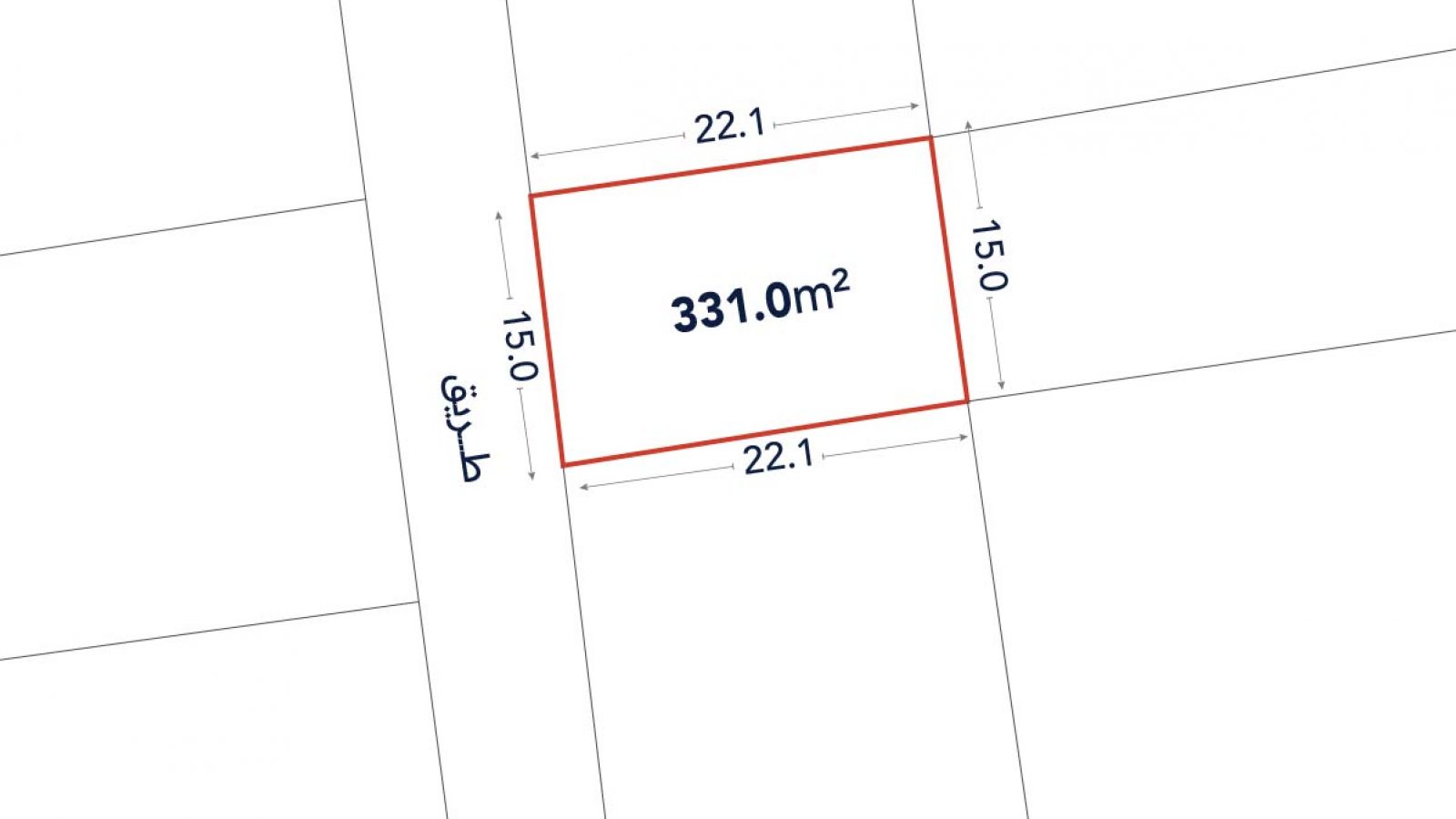 A rectangular plot outlined in red labeled 331.0 m², with side lengths 22.1 m and 15.0 m; adjacent to a street labeled "طريق".