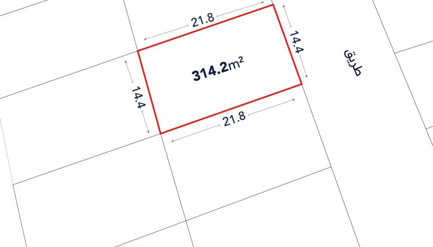 A rectangular plot of land, area 314.2 square meters, dimensions 21.8 by 14.4 meters, bordered by a road, outlined in red on a grid map.