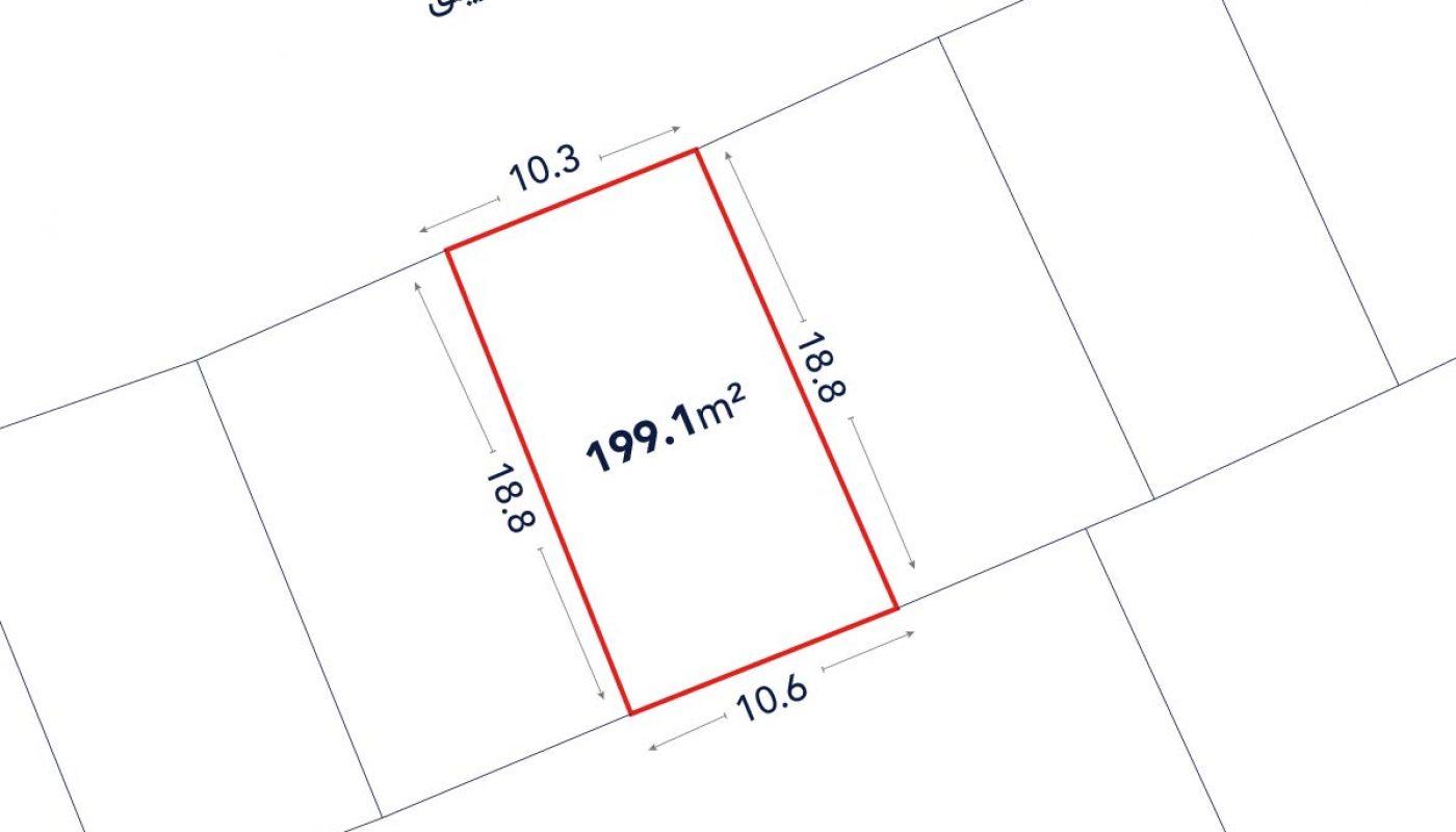 A rectangular land plot outlined in red, labeled 199.1 m², with side lengths of 10.3 m, 10.6 m, and 18.8 m; the word "طريق" (street) is written above.