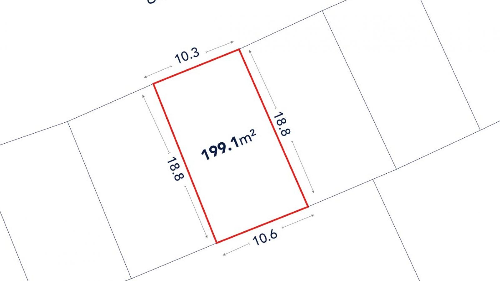 A rectangular land plot outlined in red, labeled 199.1 m², with side lengths of 10.3 m, 10.6 m, and 18.8 m; the word "طريق" (street) is written above.