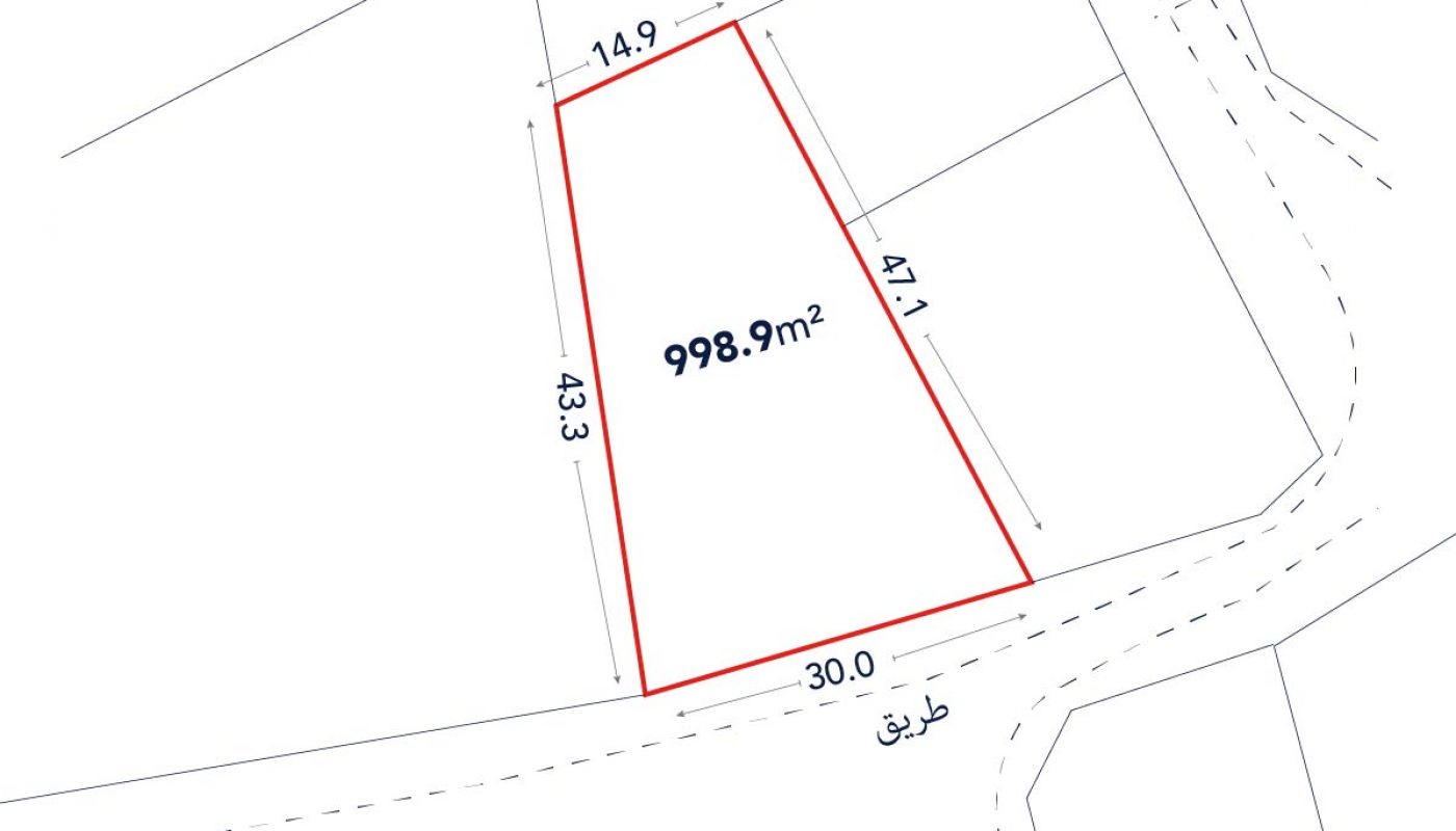 A plot diagram outlined in red, labeled 998.9 m², with sides measuring 14.9m, 47.1m, 30.0m, and 43.3m, adjacent to a street.