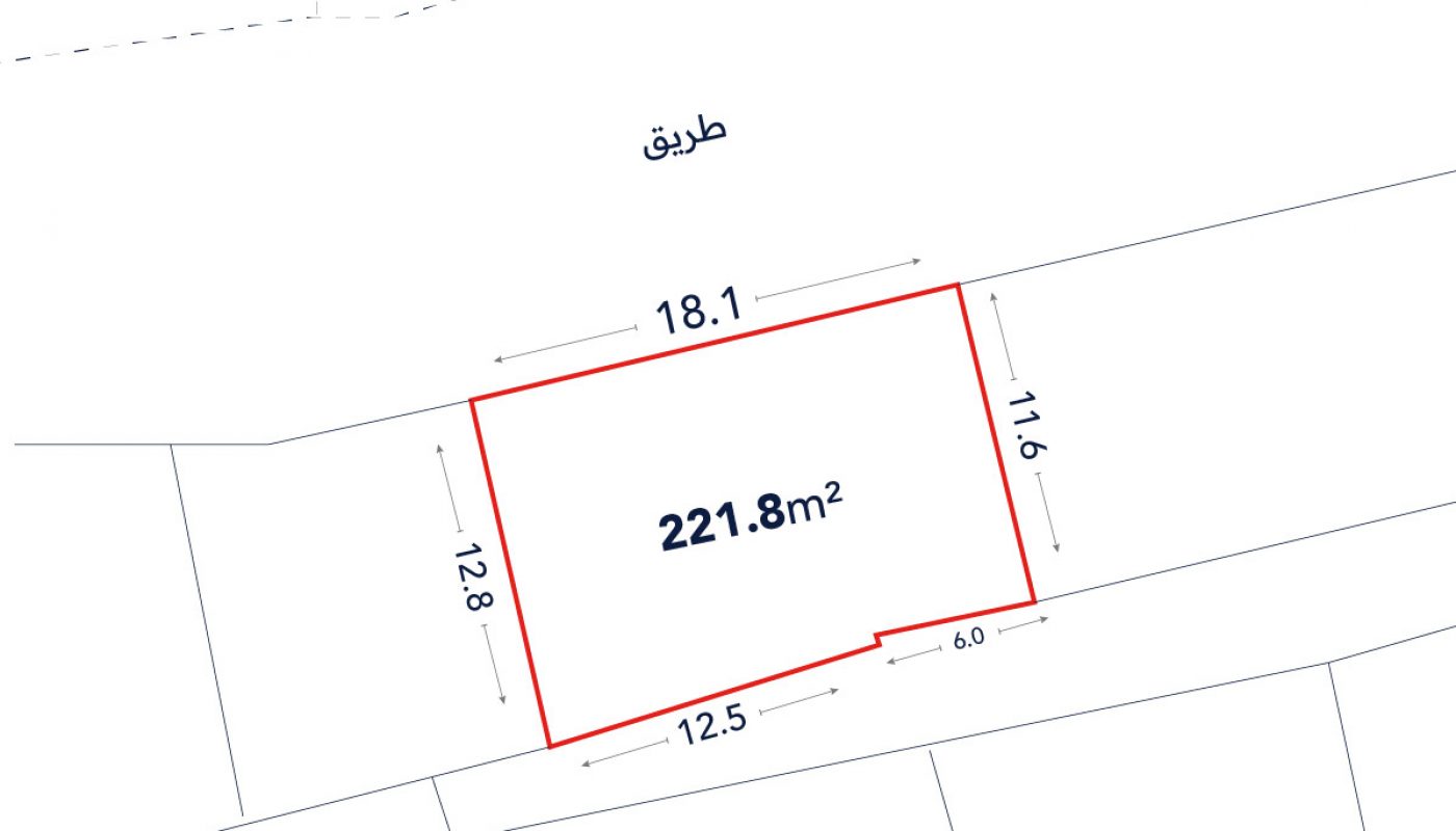 A plot of land outlined in red with labeled dimensions: 18.1m, 11.6m, 6.0m, 12.5m, and 12.8m. Area is marked as 221.8 square meters. Arabic text for "road" shown at the top.