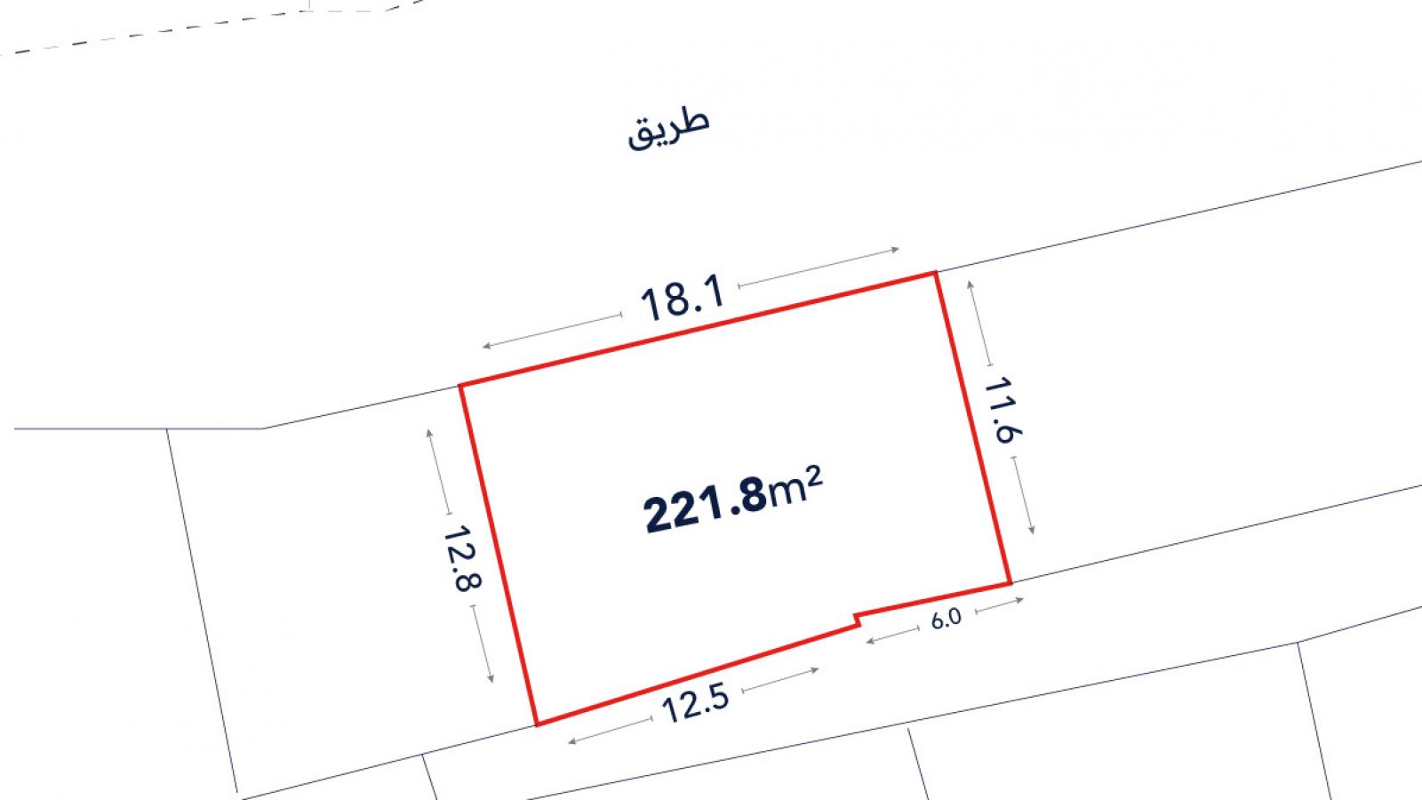 A plot of land outlined in red with labeled dimensions: 18.1m, 11.6m, 6.0m, 12.5m, and 12.8m. Area is marked as 221.8 square meters. Arabic text for "road" shown at the top.