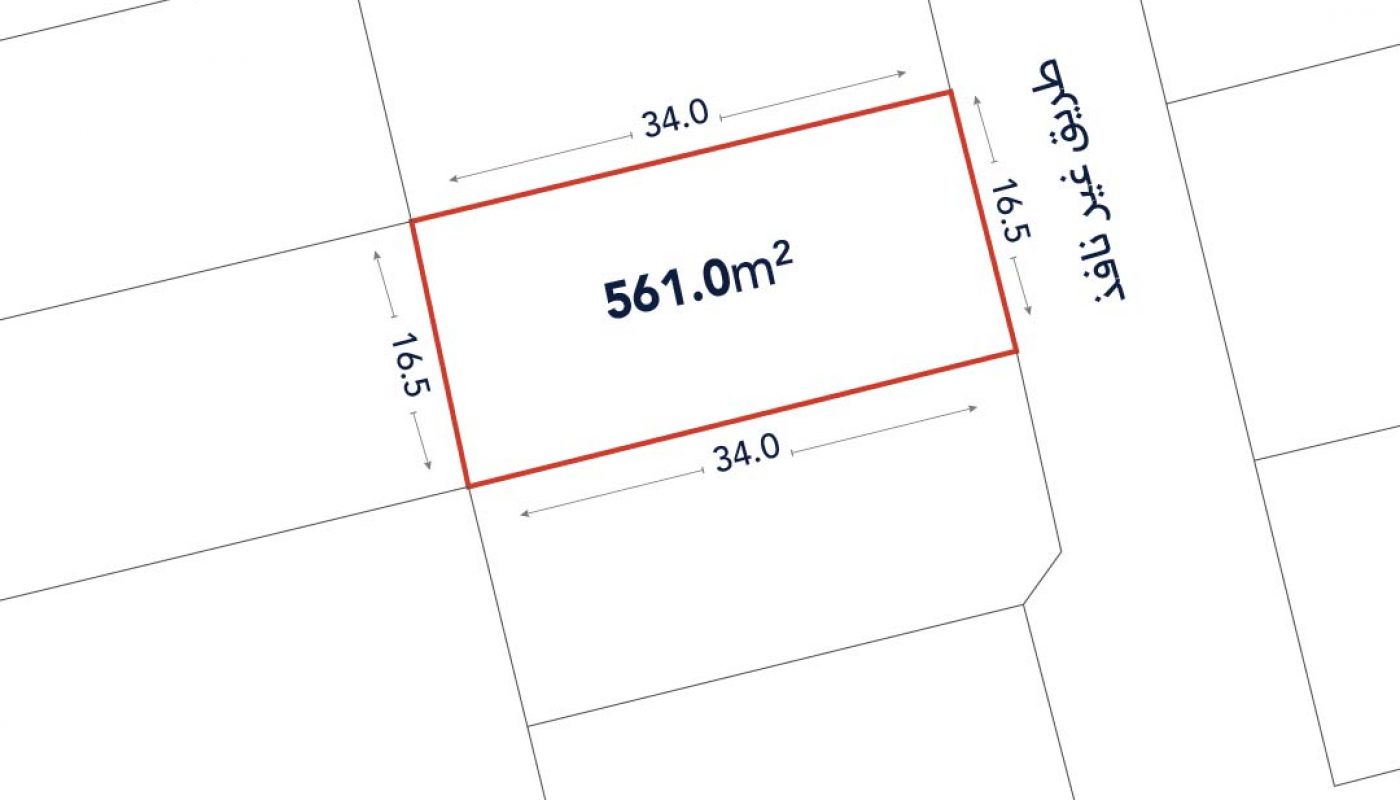A rectangular plot measuring 34.0 by 16.5 meters, totaling 561.0 square meters, outlined in red on a street map.