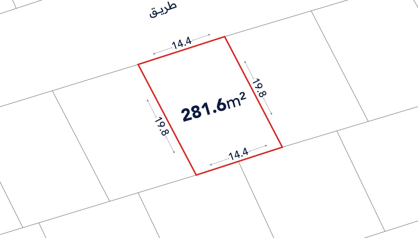 A rectangular land plot outlined in red, labeled 281.6 square meters, with side lengths 14.4 meters by 19.8 meters, adjacent to a road labeled “طريق” in Arabic.