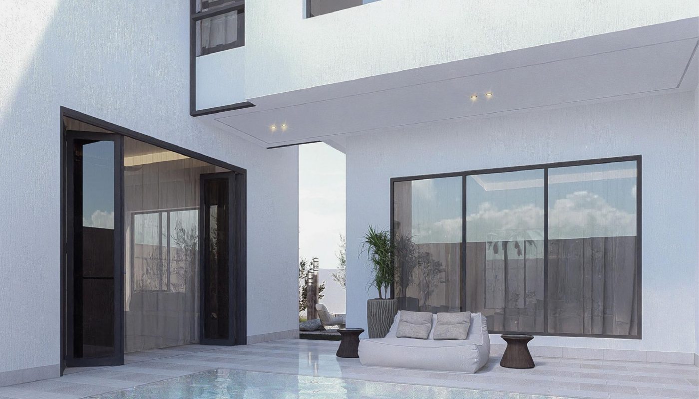 Modern house with large windows and a patio area featuring a swimming pool, two small tables, and a cushioned outdoor sofa with plants nearby.