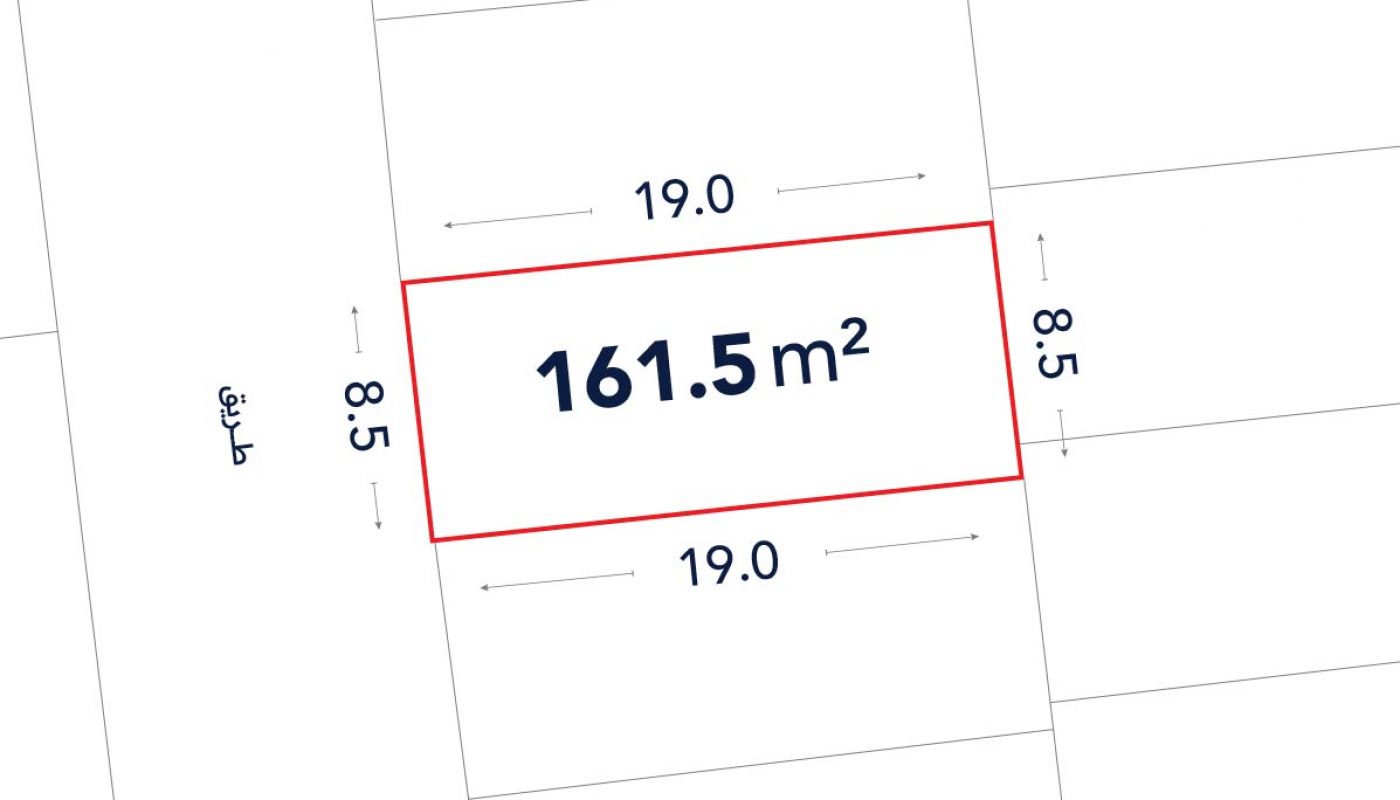 Diagram showing a rectangular plot of land measuring 19.0 meters by 8.5 meters, with a total area of 161.5 square meters outlined in red.