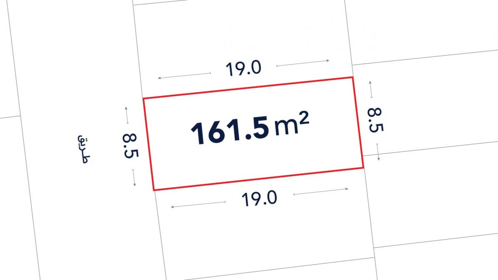 Diagram showing a rectangular plot of land measuring 19.0 meters by 8.5 meters, with a total area of 161.5 square meters outlined in red.