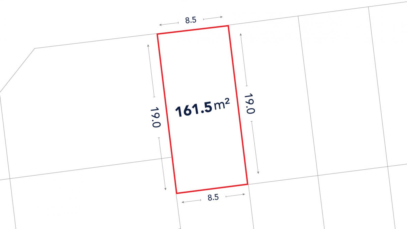 A rectangular plot outlined in red, labeled 161.5 m², measuring 19.0 meters by 8.5 meters, adjacent to a street labeled “طريق” (road in Arabic).