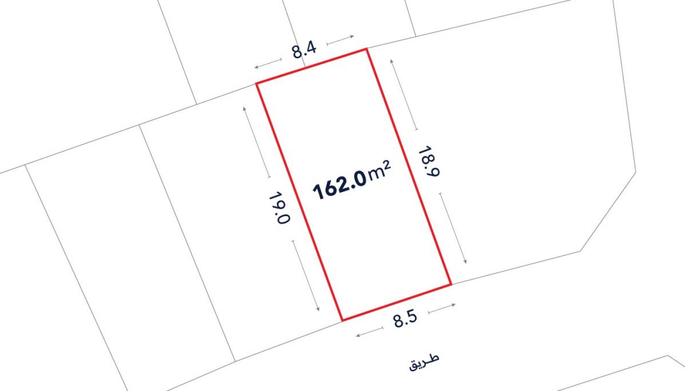 A rectangular plot outlined in red, labeled 162.0 m², with sides measuring 8.4m, 8.5m, 19.0m, and 18.9m. The bottom side borders a labeled street in Arabic.