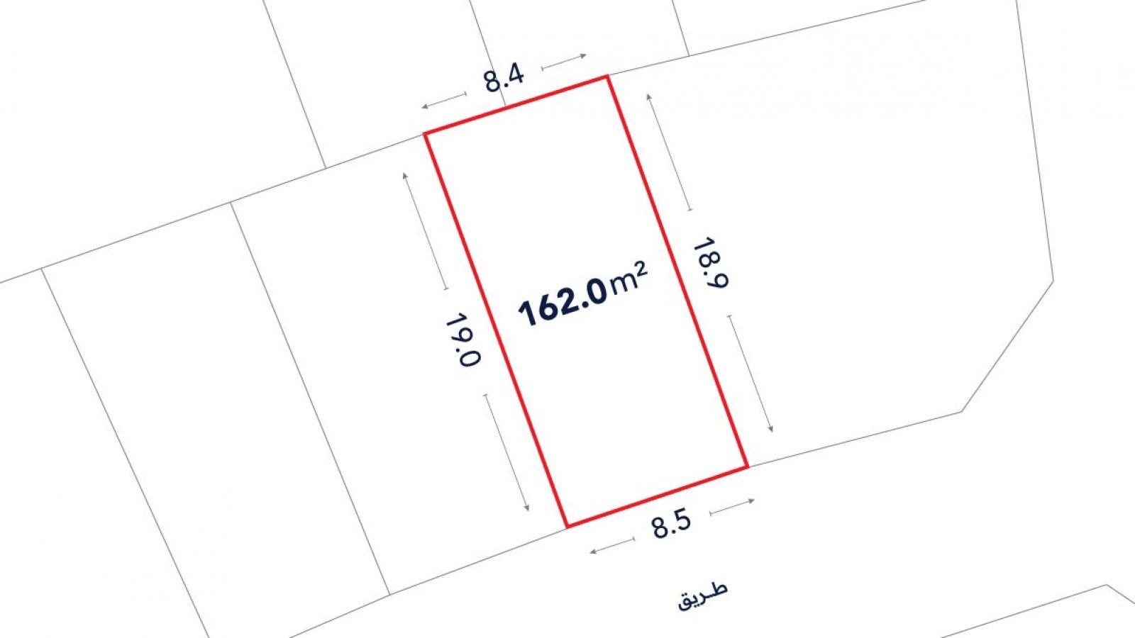 A rectangular plot outlined in red, labeled 162.0 m², with sides measuring 8.4m, 8.5m, 19.0m, and 18.9m. The bottom side borders a labeled street in Arabic.