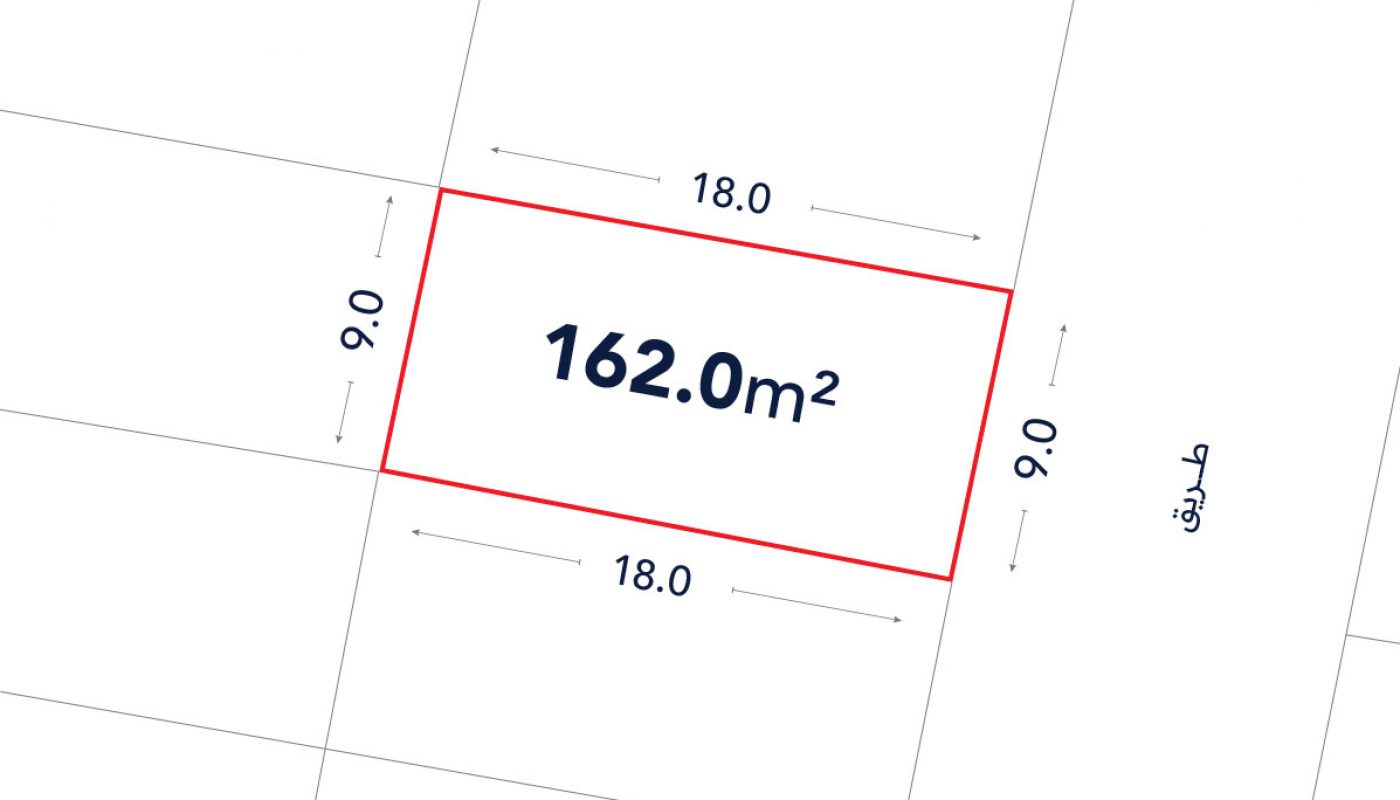 A rectangular plot outlined in red, labeled 162.0 m², with dimensions 18.0m by 9.0m. Arabic text appears on the right side of the image.