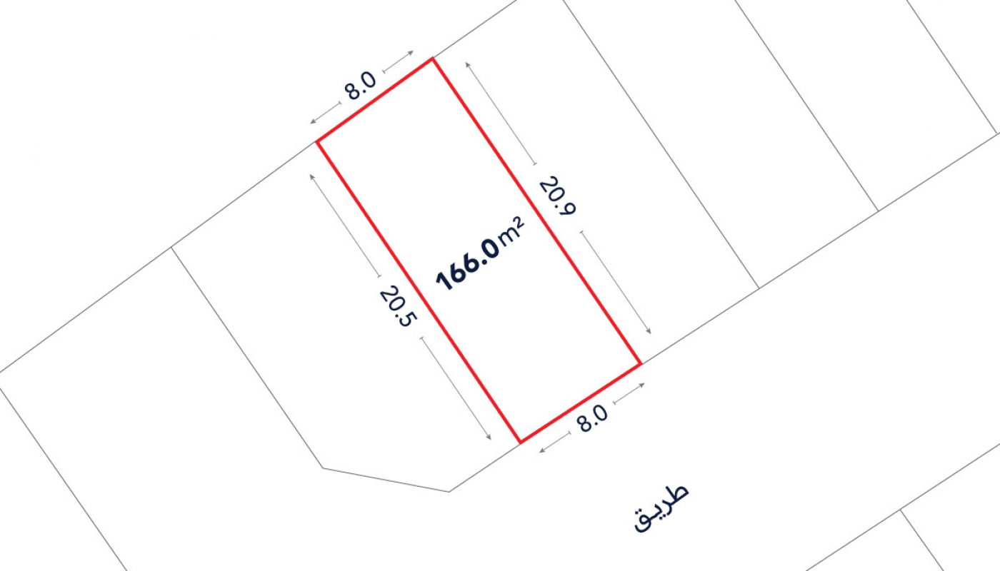 A rectangular land plot of 166.0 m² is outlined in red, with dimensions 8.0 m by 20.9 m, labeled on a map with surrounding plots and a road ("طريق") nearby.