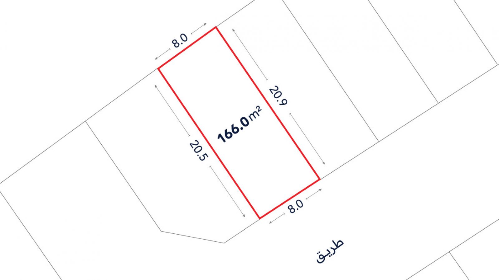 A rectangular land plot of 166.0 m² is outlined in red, with dimensions 8.0 m by 20.9 m, labeled on a map with surrounding plots and a road ("طريق") nearby.