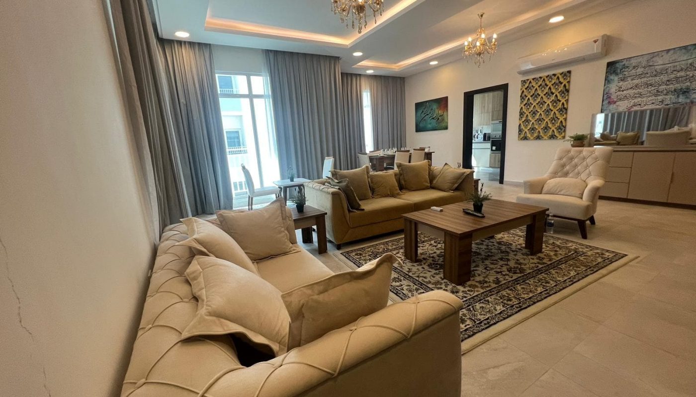 Modern living room with beige furniture