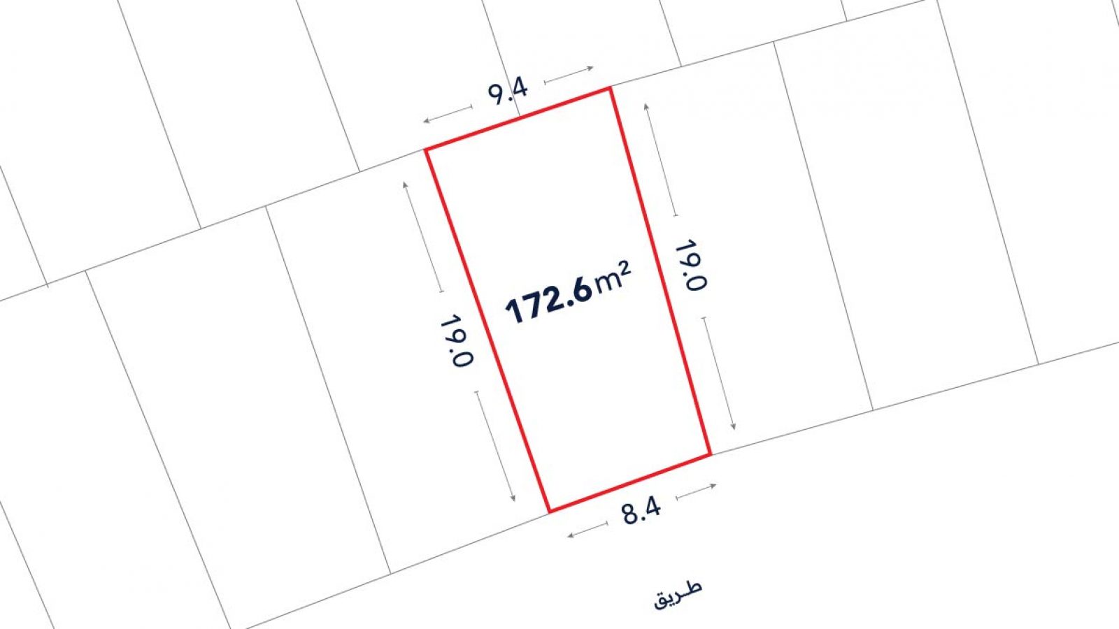 A rectangular land plot outlined in red, labeled 172.6 m², measures 19.0 m by 9.4 m and 8.4 m, adjacent to a road labeled "طريق".