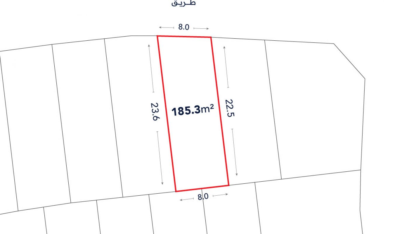 A land plot outlined in red measures 185.3 square meters, with 8m width and 23.6m and 22.5m side lengths, adjacent to a road labeled “طريق”.