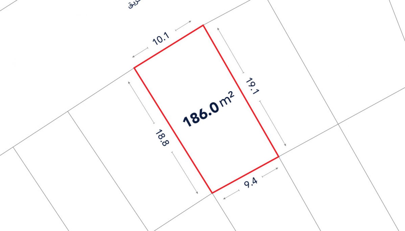 A rectangular land plot outlined in red, labeled 186.0 m², with side lengths 10.1 m, 18.8 m, 9.4 m, and 19.1 m shown on a minimalist map.