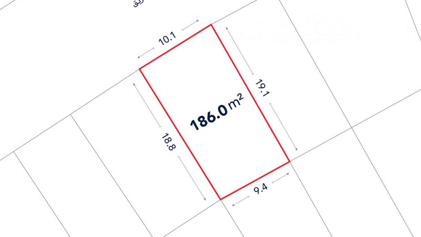 A rectangular land plot outlined in red, labeled 186.0 m², with side lengths 10.1 m, 18.8 m, 9.4 m, and 19.1 m shown on a minimalist map.