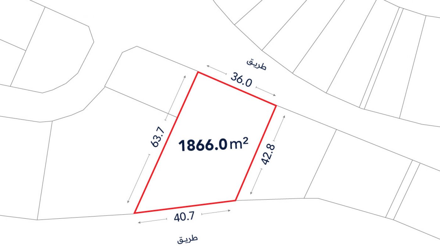 A plot of land outlined in red, labeled 1866.0 m², with side lengths of 63.7 m, 36.0 m, 42.8 m, and 40.7 m, bordered by roads.