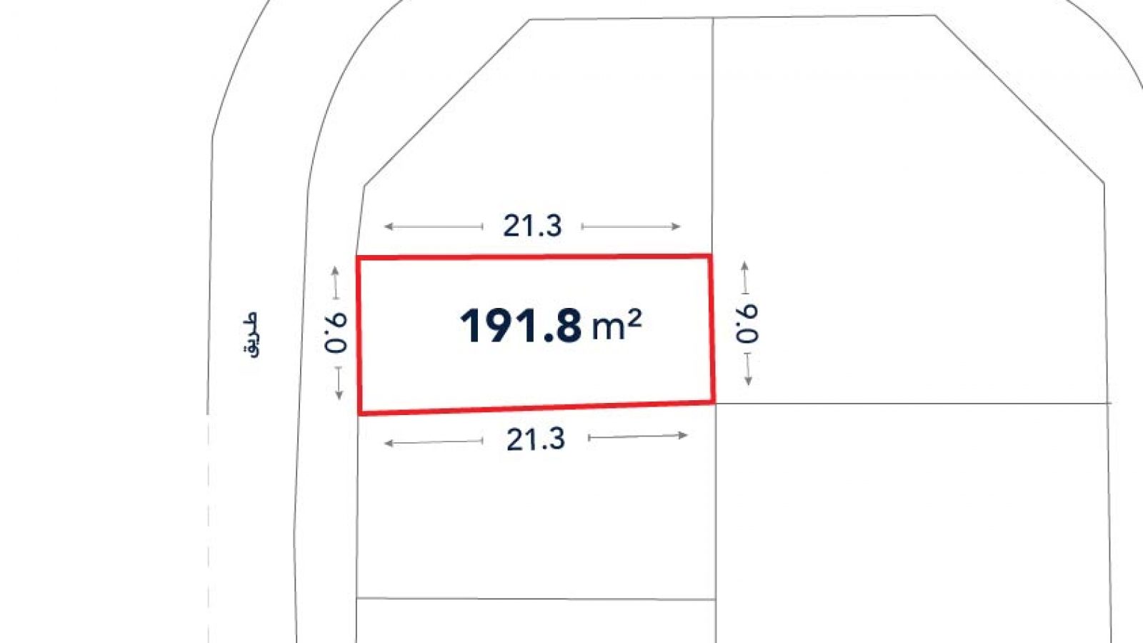 A plot of land outlined in red, measuring 191.8 square meters with dimensions of 21.3 meters by 9.0 meters, located next to a street.
